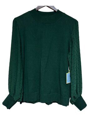 CeCe Women's Sweater Mock Neck Sheer Swiss Dot Sleeve Green Large NEW Office